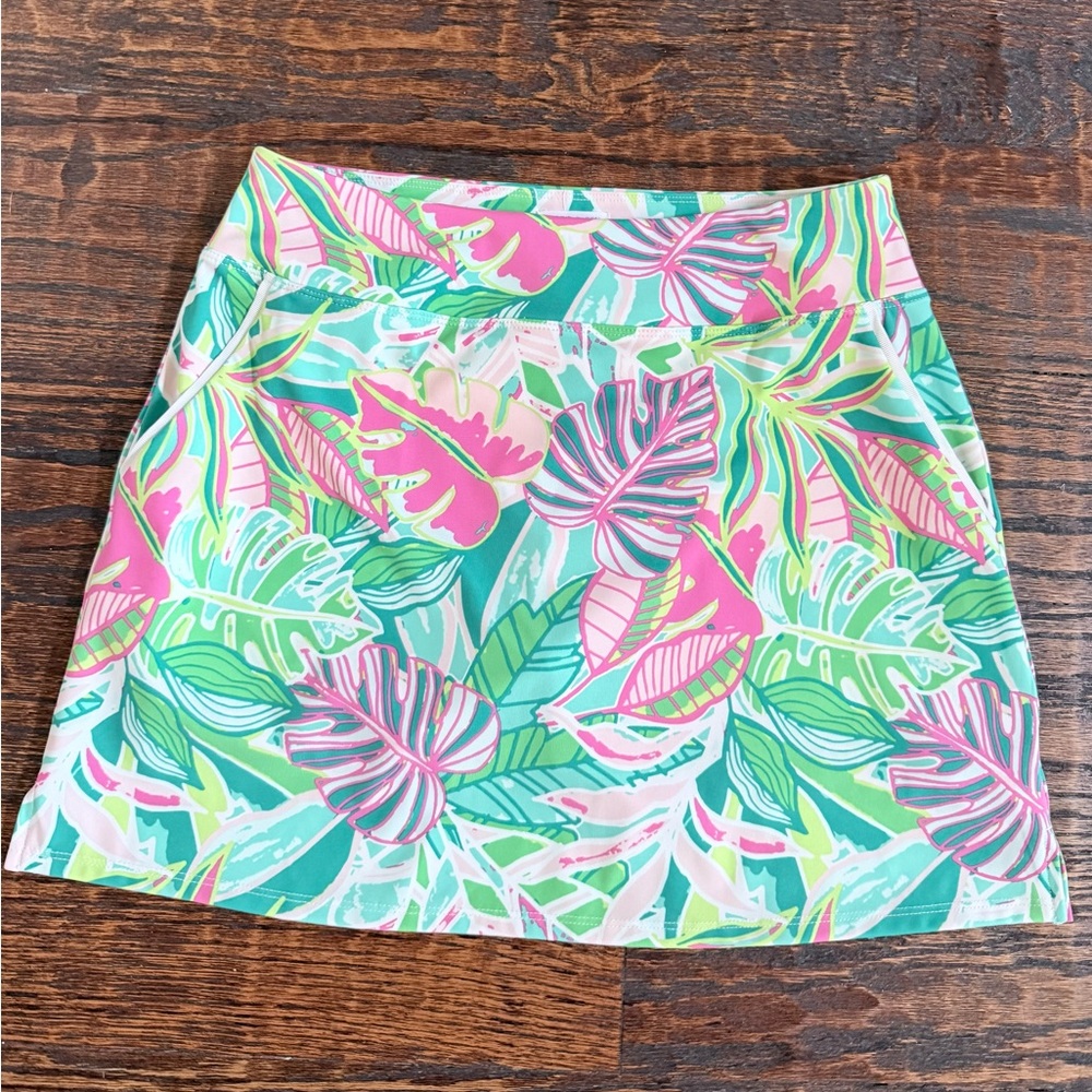 Sigrid Olsen Tropical Leaf Print Mini Skirt in Pink & Green-Size Small
